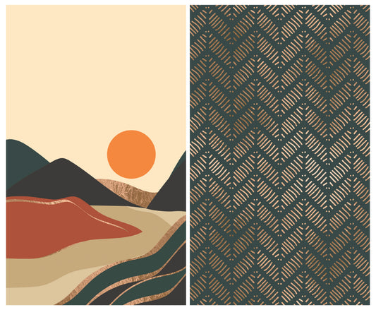 A split design showing a stylized landscape artwork on the left and a repeating geometric pattern swatch on the right. The landscape features a cream sky, an orange sun, dark mountain shapes, terracotta hills, and layered beige and teal foreground bands with metallic-looking gold outlines.