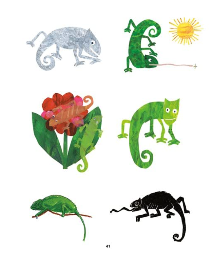 Page 41 from “Eric Loves Animals: (Just Like You!) featuring Eric Carle styled illustrations of Chameleons.