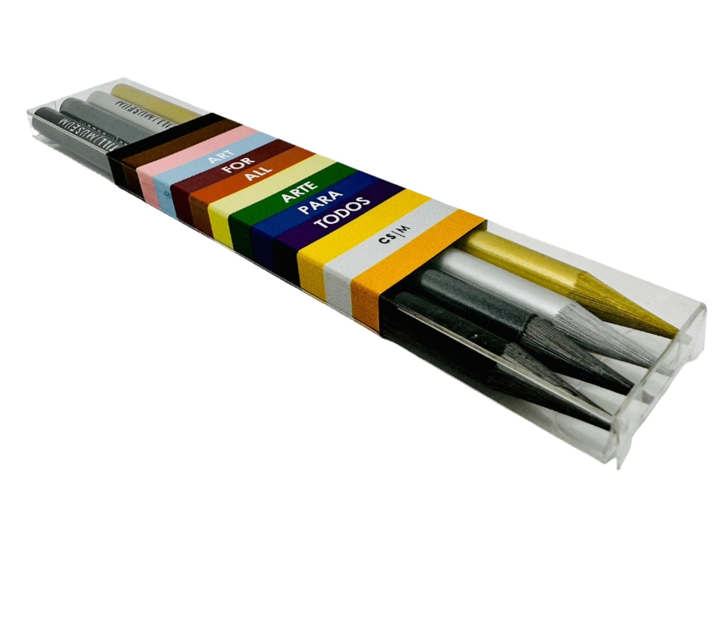 Set of four solid-woodless graphite pencils in Silver, Black, Gold, and pure color. They come in a clear transparent package, wrapped with a rainbow belly band with the slogan “ART FOR ALL; ARTE PARA TODOS” around the box.
