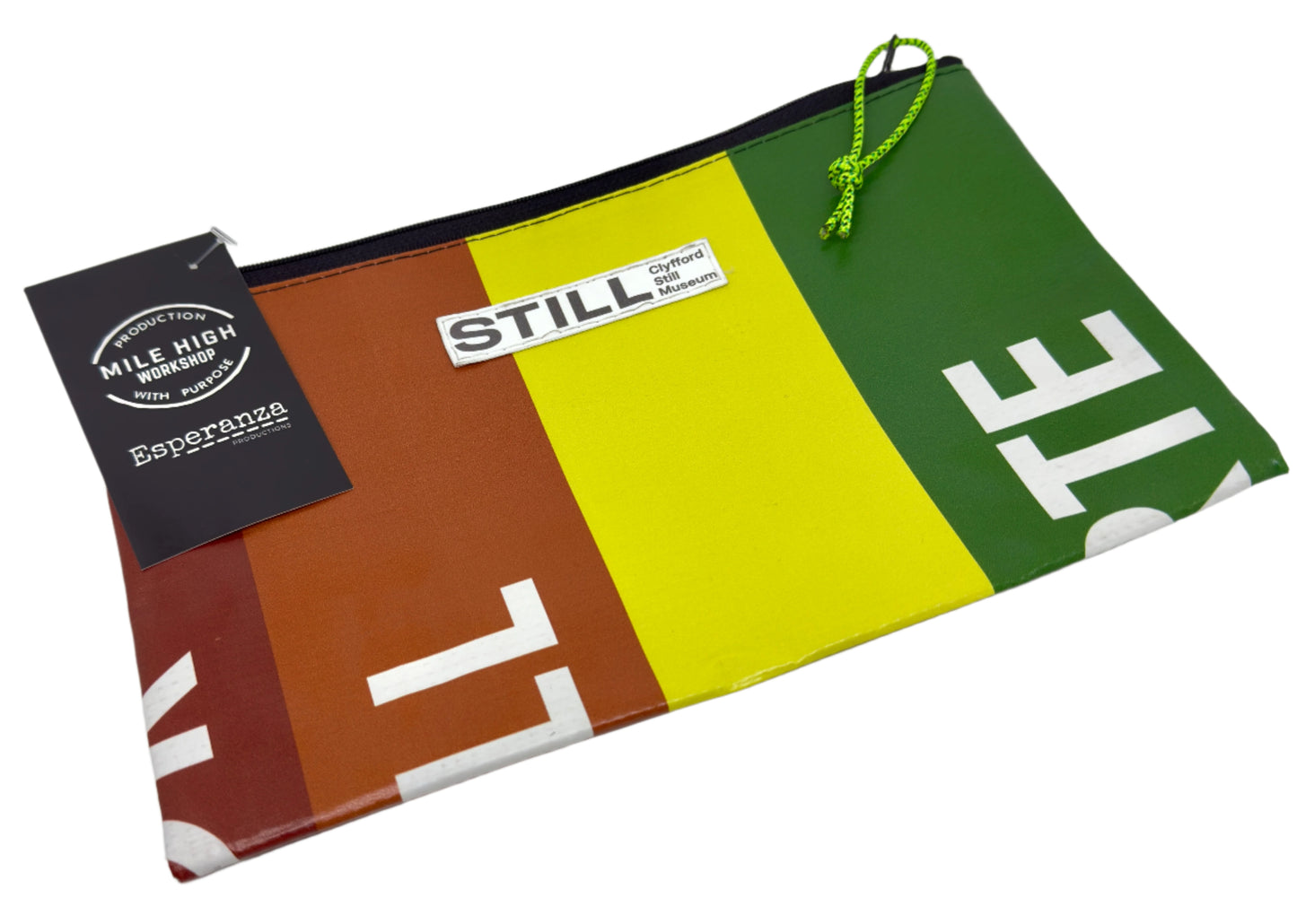 Colorful pouch with text and a tag on a white background