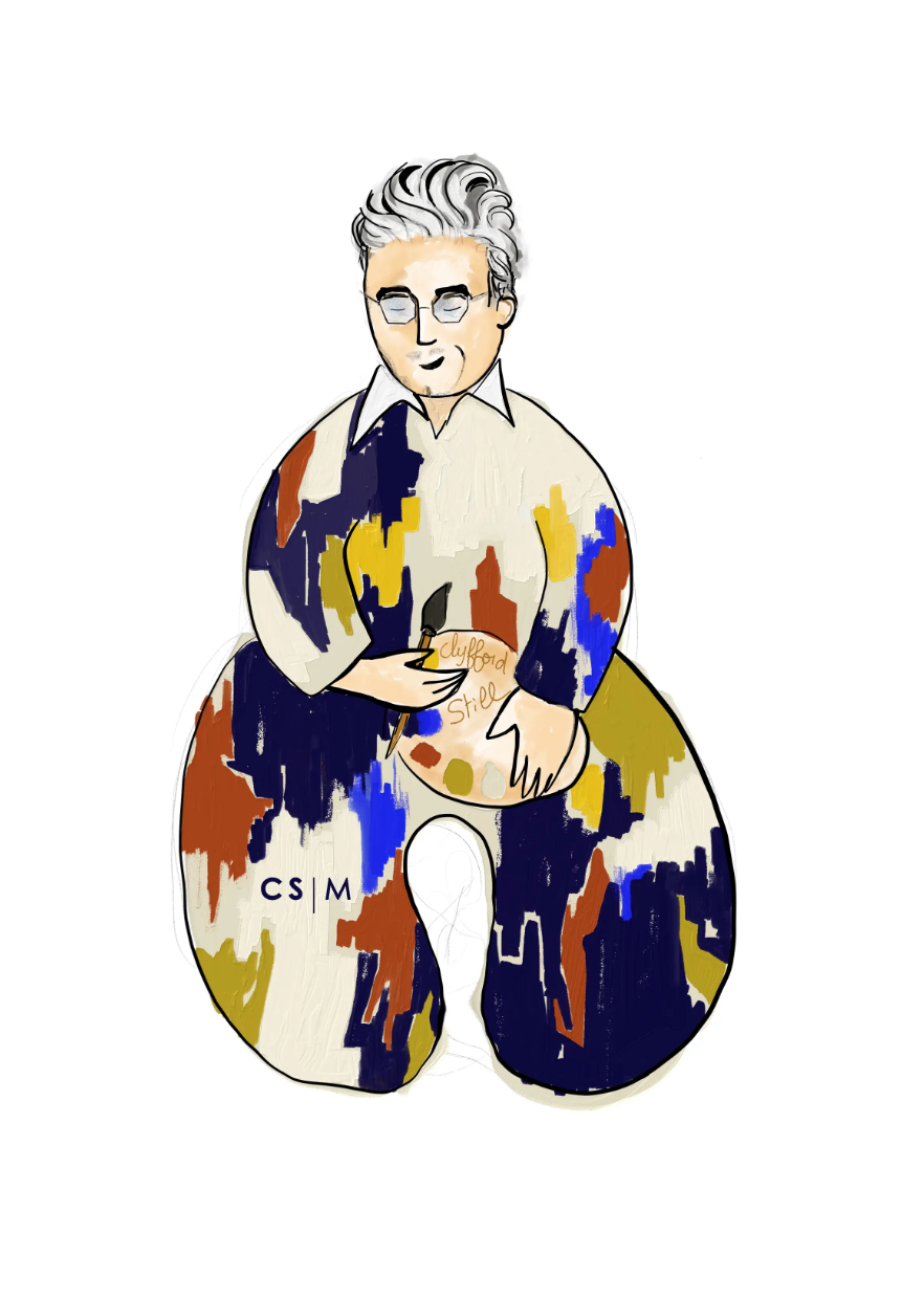 Soft fabric rattle with an illustration of Clyfford Still.
