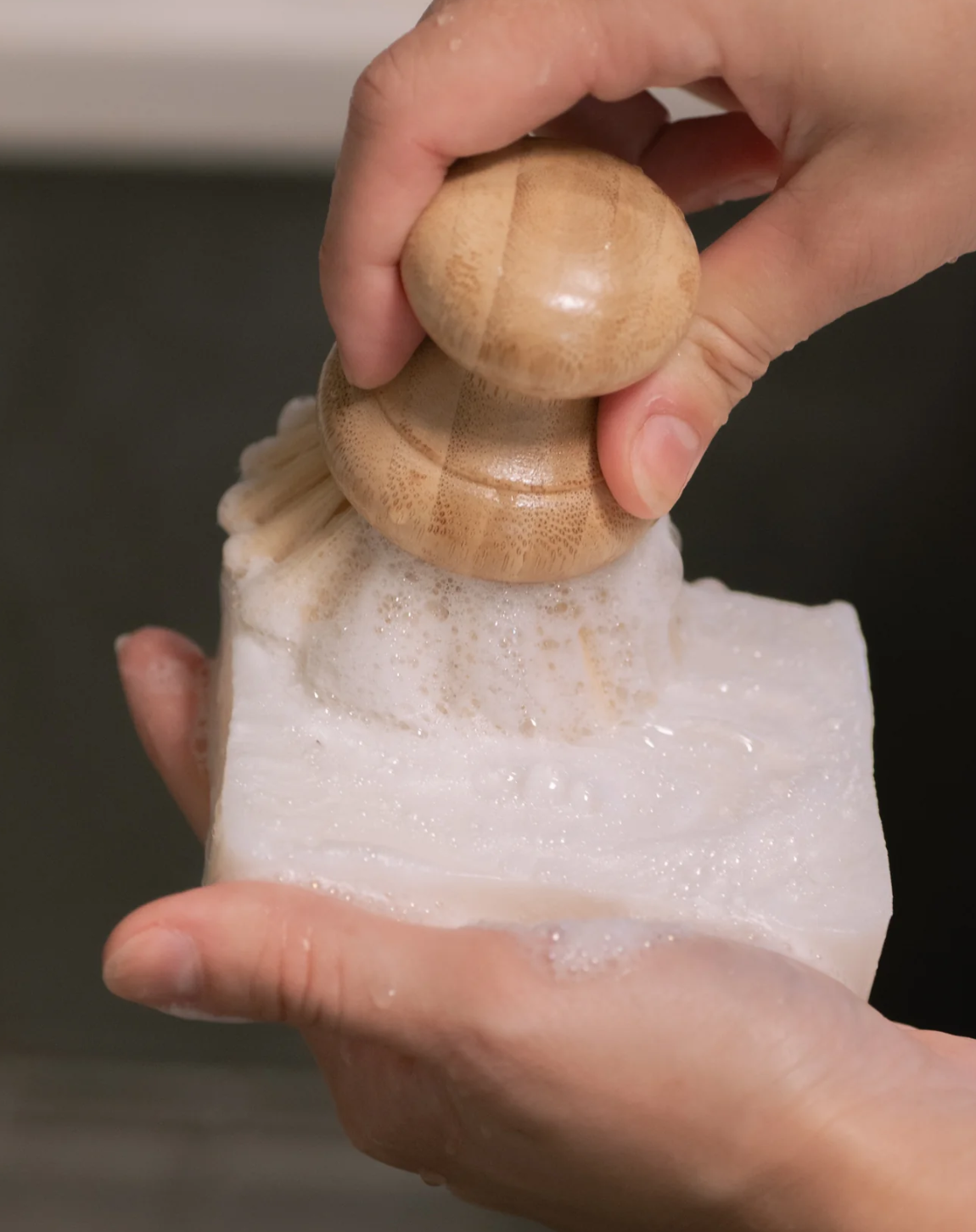 Up close image of hands using brush on sudsy Dish Soap bar