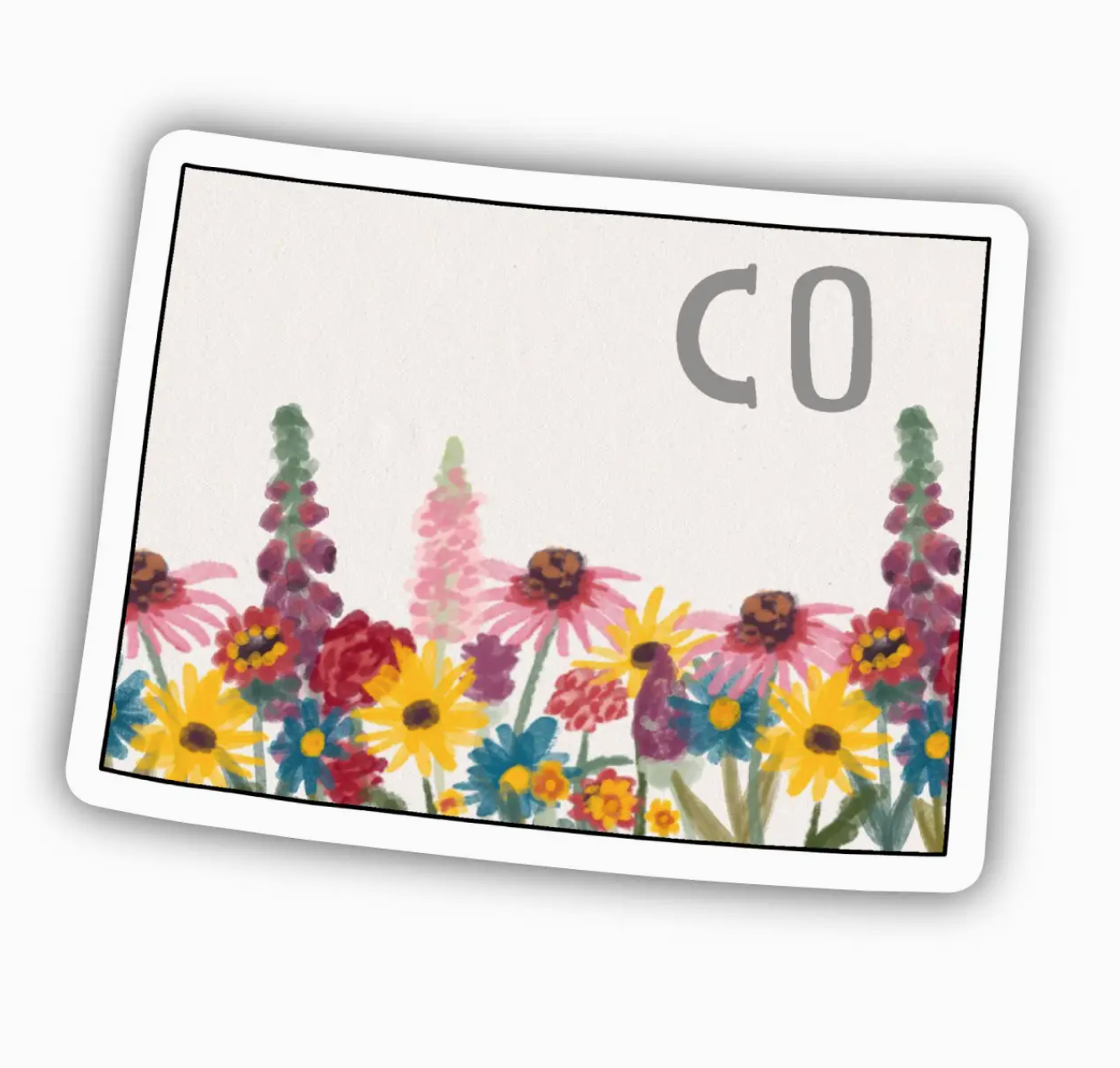Rectangular sticker with colorful floral design and 'CO'
