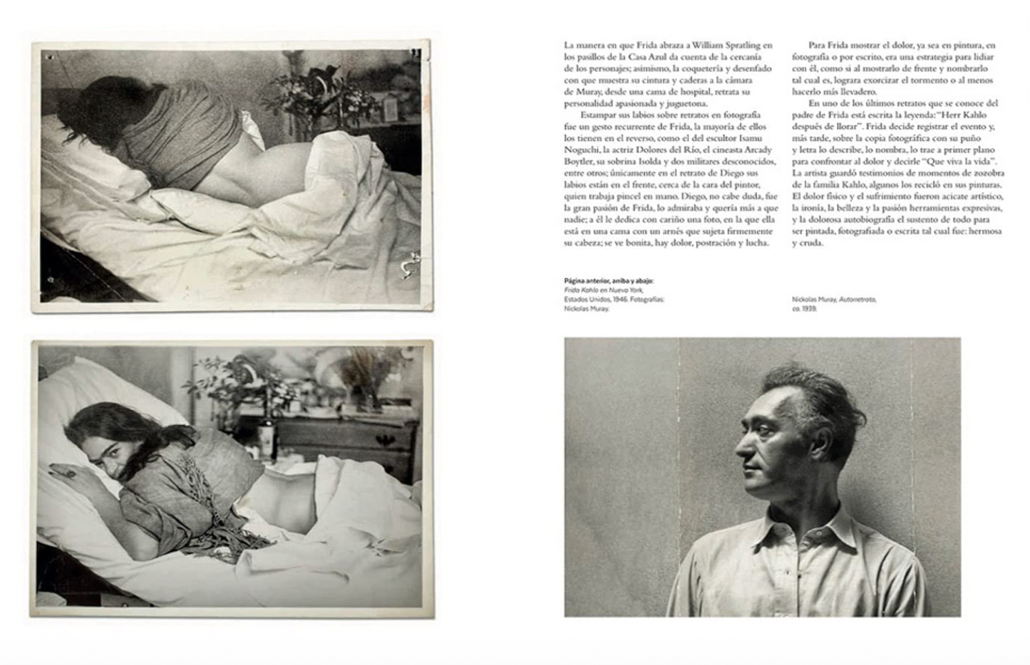 Black and white photographs and text inside of the book "El universo" by Frida Kahlo