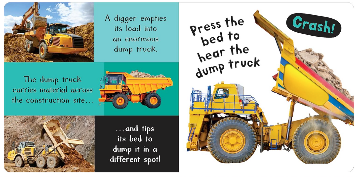 Children's book page about a dump truck with construction scenes and text.