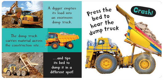 Children's book page about a dump truck with construction scenes and text.