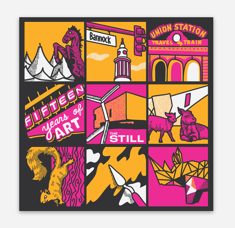 Multicolored graphic design with various Denver illustrations and text on a black background.