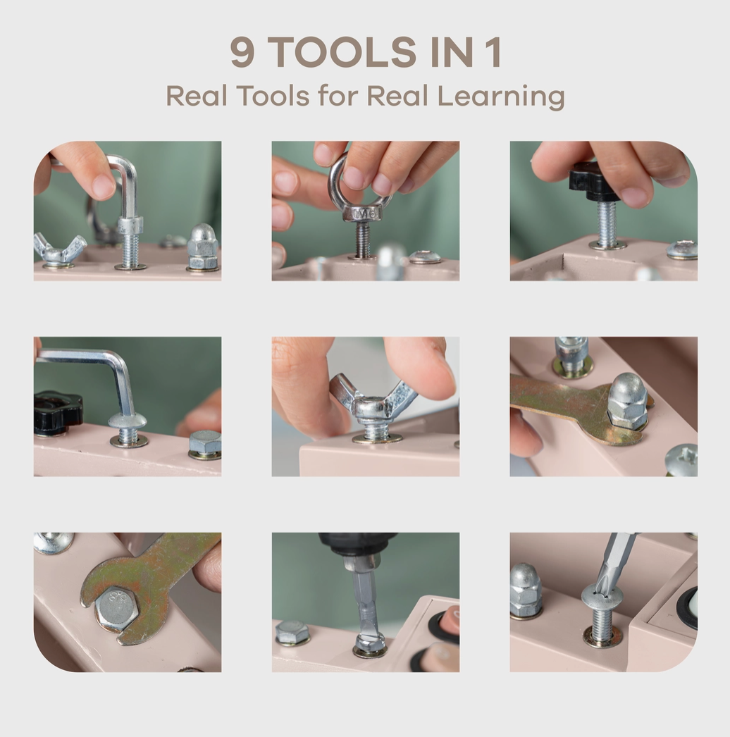 Set of tools with '9 Tools in 1' and 'Real Tools for Real Learning' text on a white background.