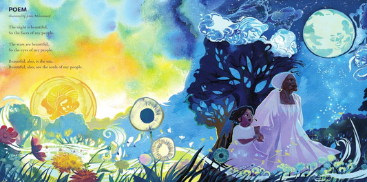 Illustration of a woman and child sitting under a tree with colorful sky and moon.