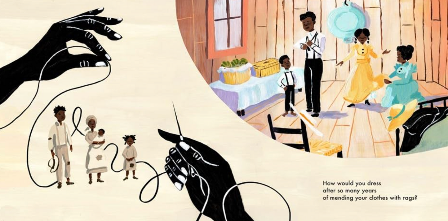 Illustration of a family scene with a hand holding a sewing needle and thread, and text about mending clothes.