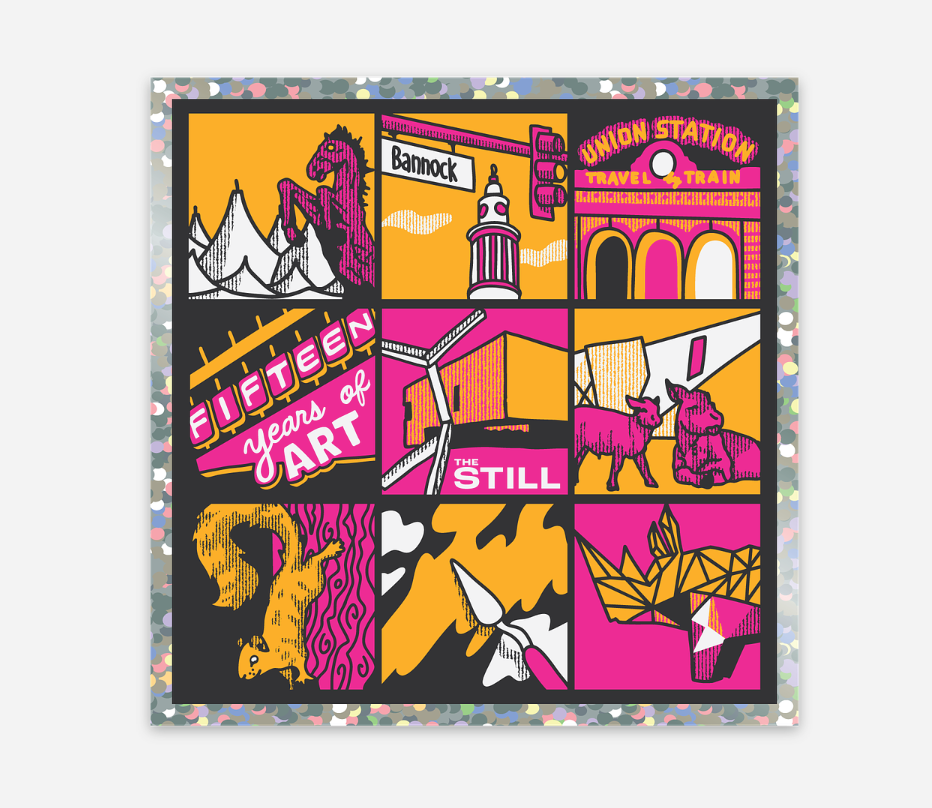 A square art sticker featuring a colorful 3x3 grid collage with vintage-style illustrations and text including 'Fifteen Years of Art,' 'Bainock,' 'Union Station,' 'The Still,' and 'Still Life.' The print has a glittery silver border and is shown against a light gray background.