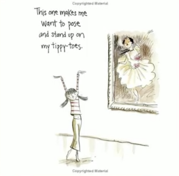 A children's book page with illustration on a white background with handwritten text reading, 'This one makes me want to pose and stand up on my tippy-toes.' A simple sketch of a girl balancing on her toes stands below, while a larger ballerina figure appears in a mirror-like frame to the right.