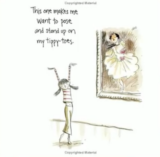 A children's book page with illustration on a white background with handwritten text reading, 'This one makes me want to pose and stand up on my tippy-toes.' A simple sketch of a girl balancing on her toes stands below, while a larger ballerina figure appears in a mirror-like frame to the right.