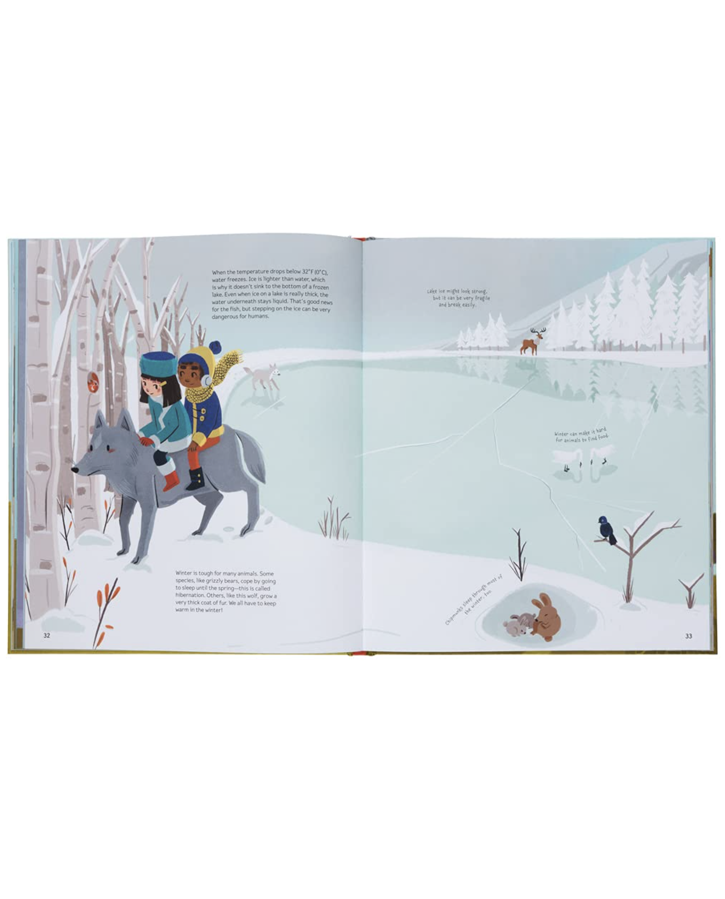 Inside page from ‘Whatever the Weather: Learn about Sun, Wind and Rain’ featuring two kids riding a wolf in a winter scene.