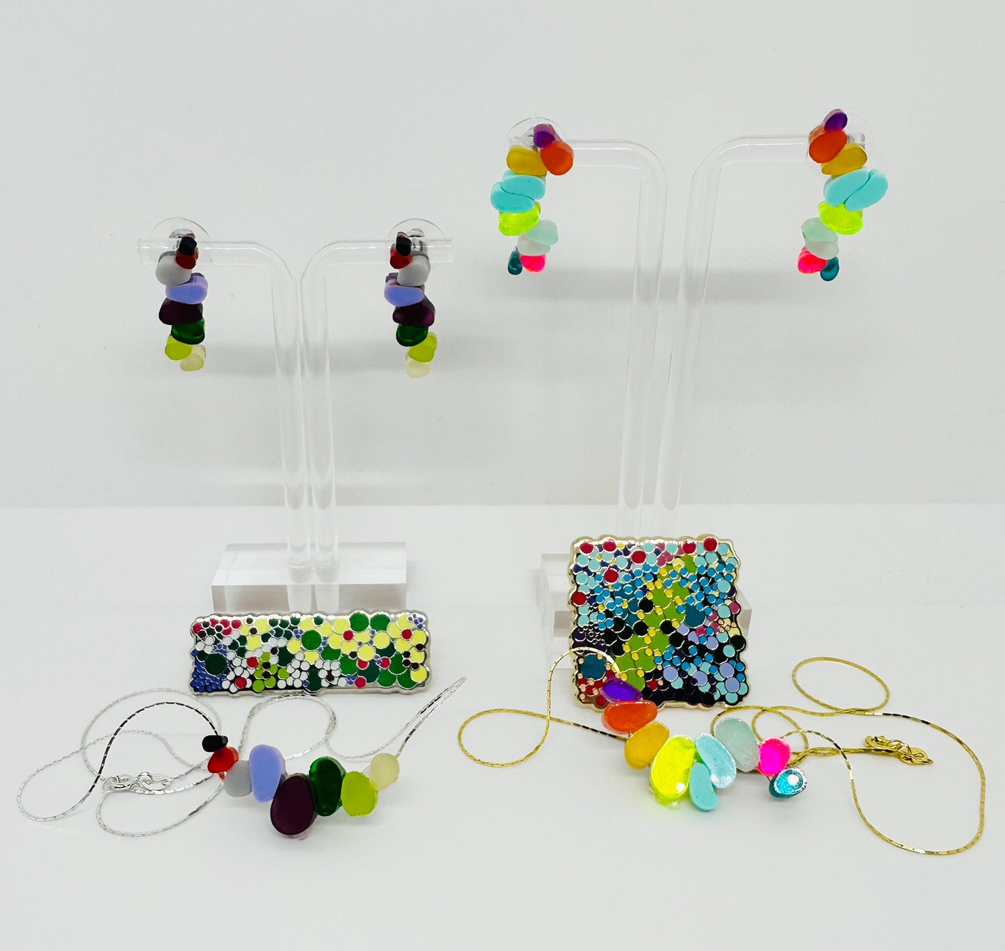 ‘Drop Stud’ earrings and ‘Drop Necklaces’ (2 variants each) in soft and bright colors. 
