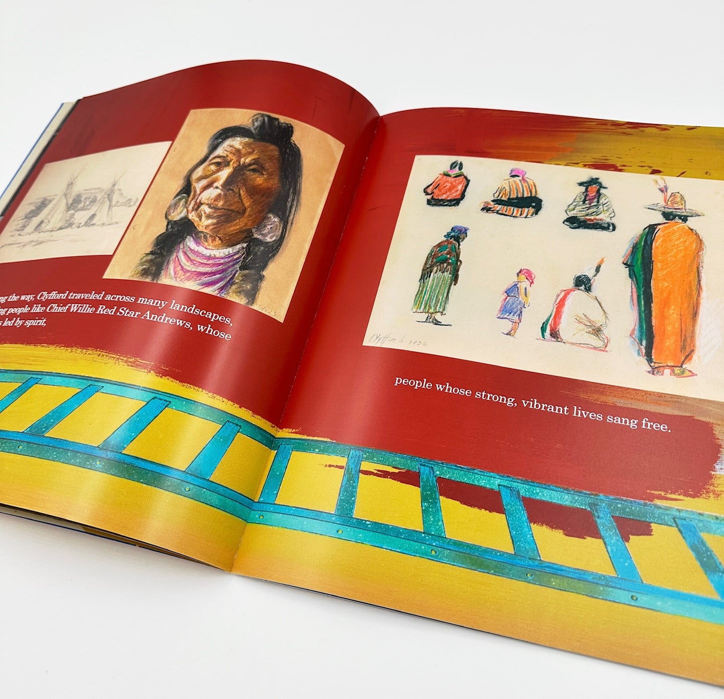 Inside page from ‘Colorfully Courageous Clyfford Still’ featuring Stills’ portrait of Chief Willie Red Star Andrews