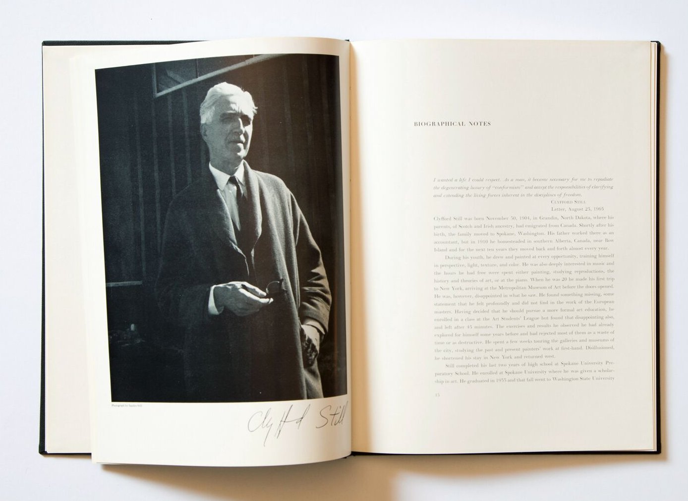 Inside page from ‘Albright-Knox Art Gallery Still Catalog’ featuring Biographical Notes and a photograph of Clyfford Still.