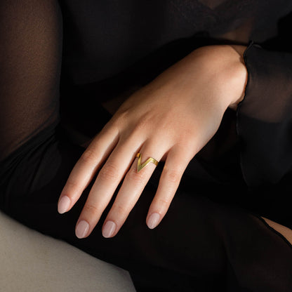 Chevron Brass Ring on woman's finger