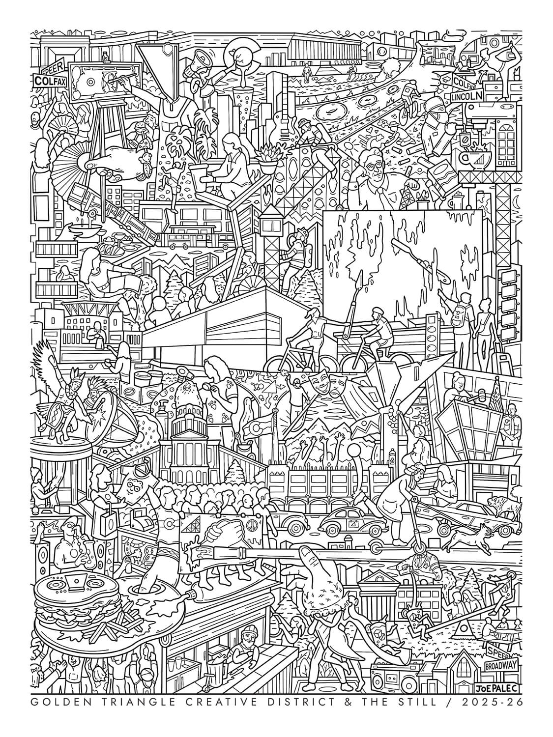 Black and white illustration of a crowded city scene with various elements and people.