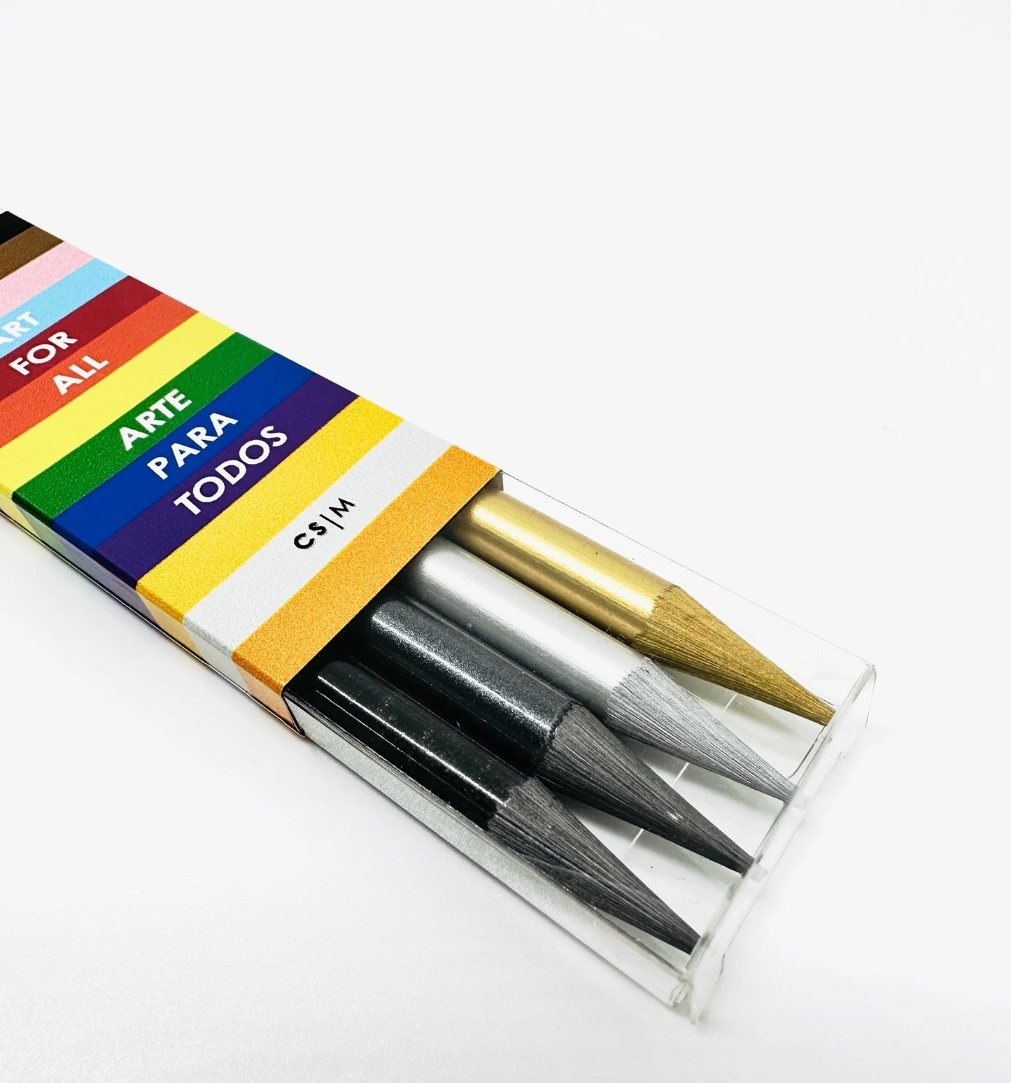 These four solid-woodless graphite pencils are perfect for sketching and drawing. They come in a clear transparent package, wrapped with a full-color printed belly band around the box. The set of four graphite pencils includes Silver, Black, Gold, and pure color.