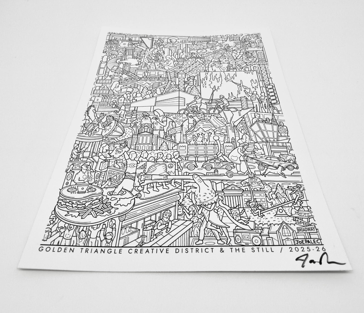 Black and white illustration of a cityscape on a white background. Joe Palec Sticker.