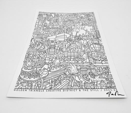 Black and white illustration of a cityscape on a white background. Joe Palec Sticker.