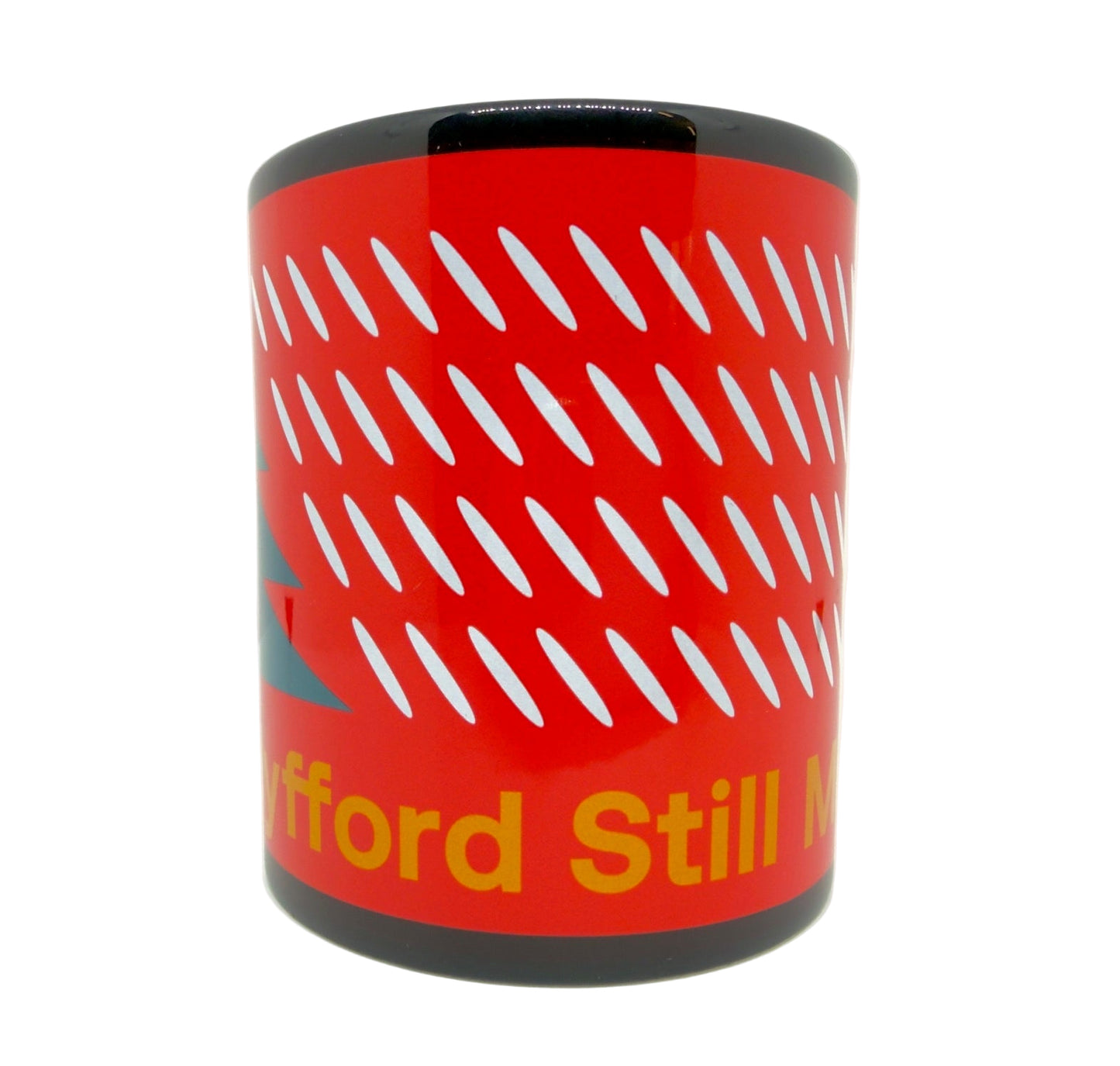 Black mug with red background featuring Museum logos, ceiling design and a tree on a white background.