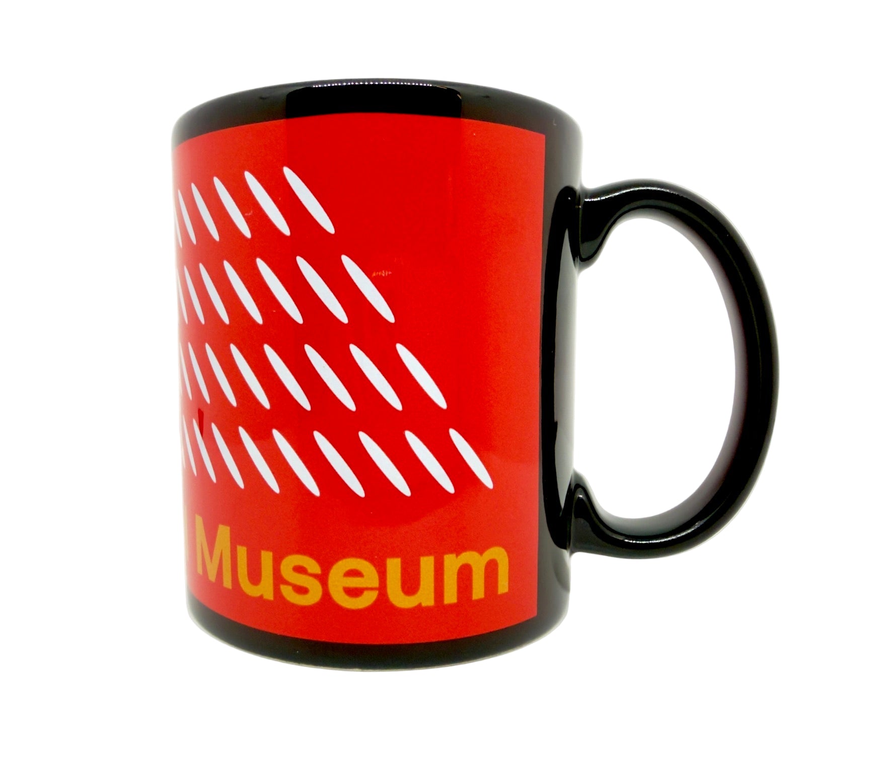 Black mug with red background featuring Museum logos, ceiling design and a tree on a white background.