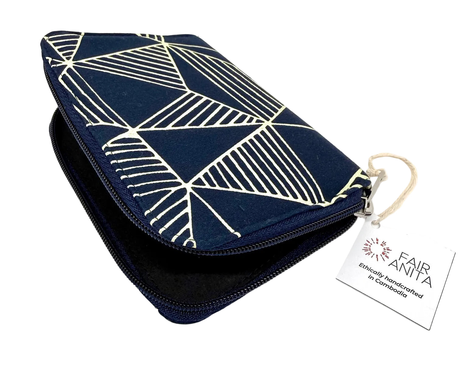 Navy blue pouch with white geometric pattern on a white background, featuring a Fair Anita tag.