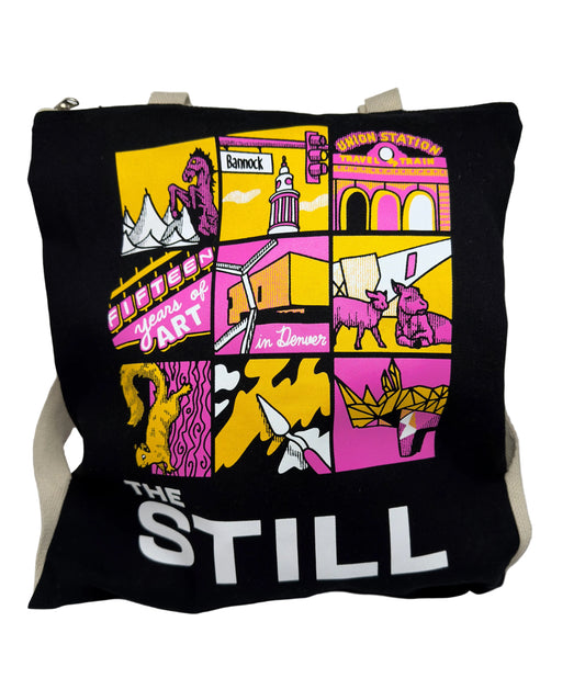 Black tote-pak with colorful graphics and text on a white background.