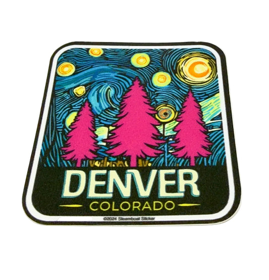 Sticker with pink trees and 'Denver Colorado' text against a starry night sky design.