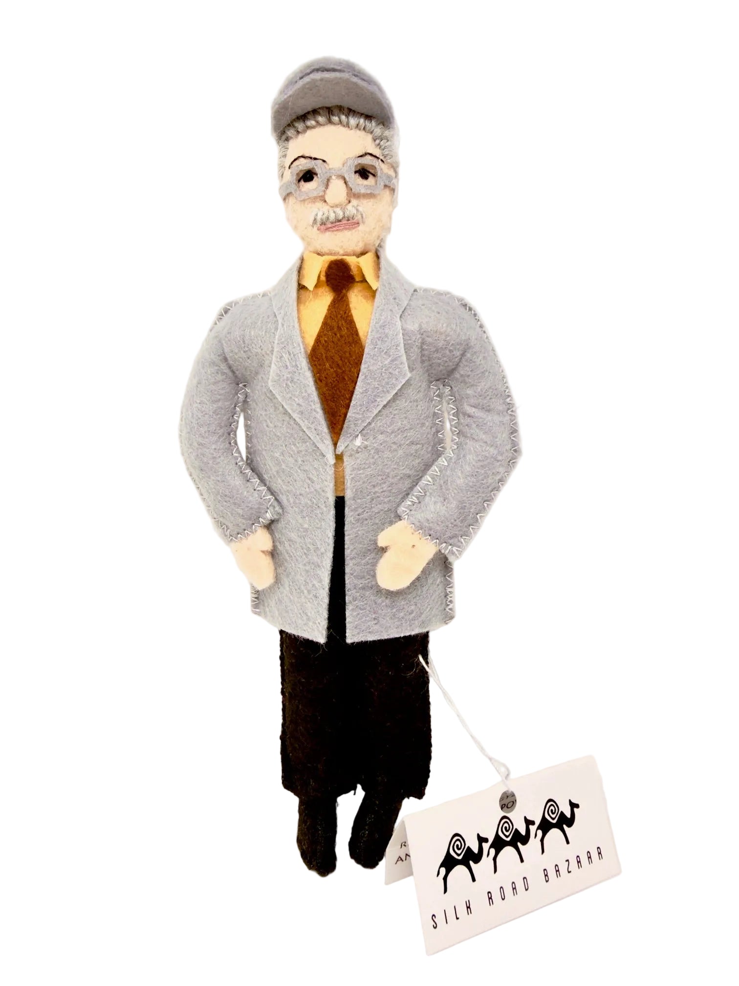 Stuffed toy resembling a man in a suit with a gray cap, standing on a white background.