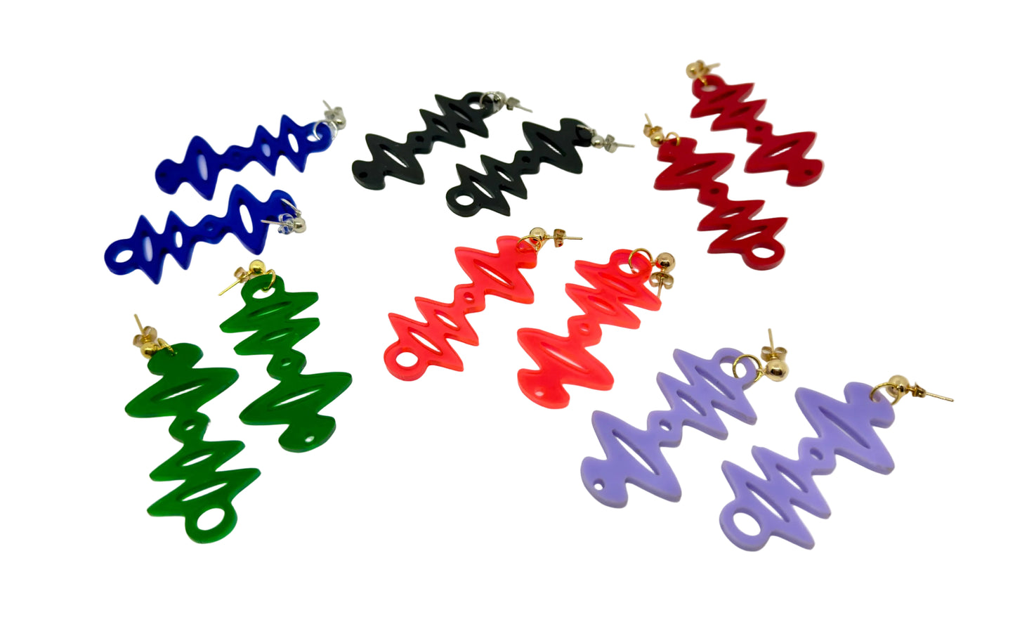 Colorful zigzag earrings on a white background