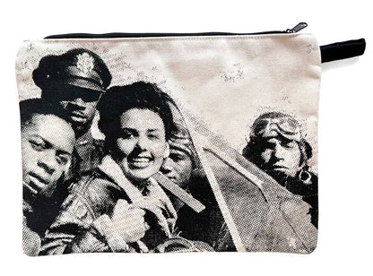 Pouch with black and white vintage-style portrait of a woman and three men on a white background