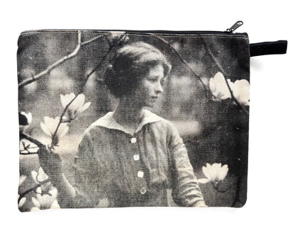 Pouch with a vintage-style print of a woman among flowers on a white background