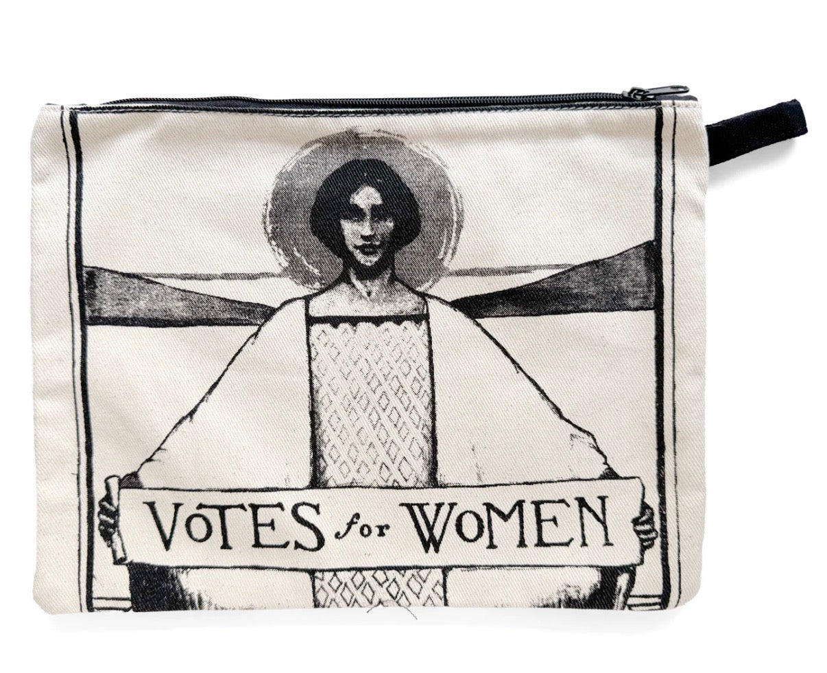 Pouch with a design of a woman holding a 'Votes for Women' sign on a white background
