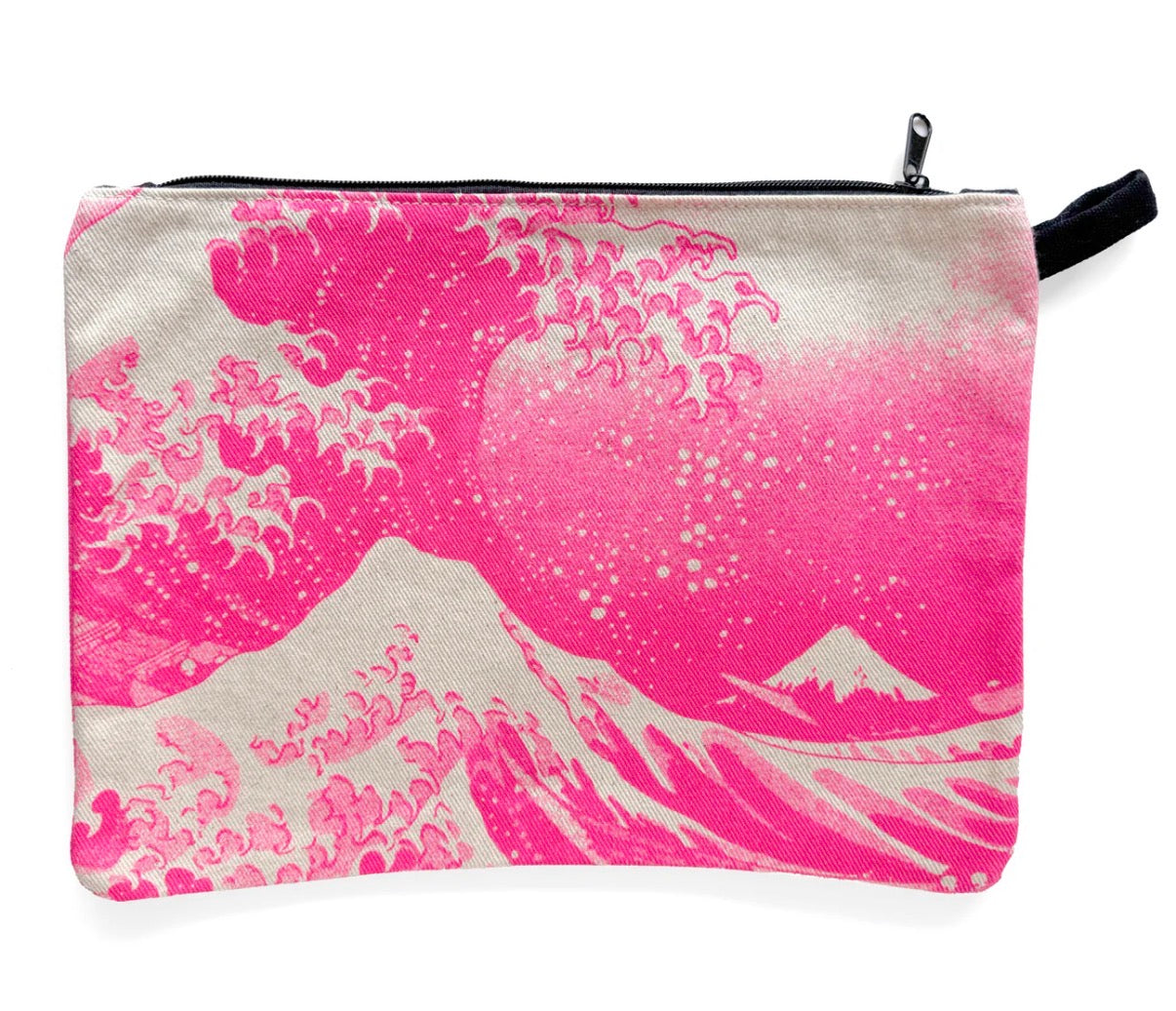 Pouch with pink wave and mountain design on a white background