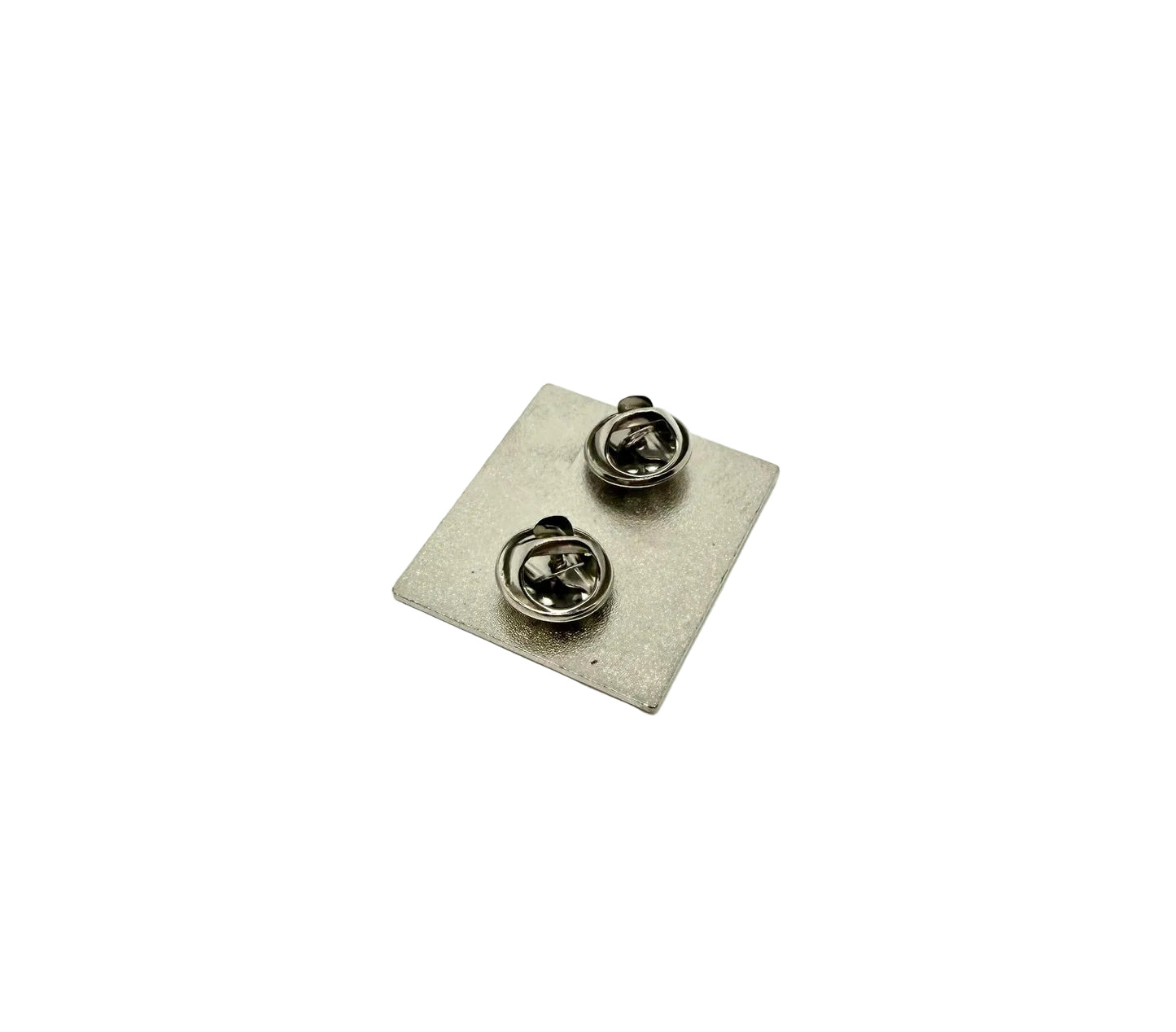 Silver back of a pin with a white background