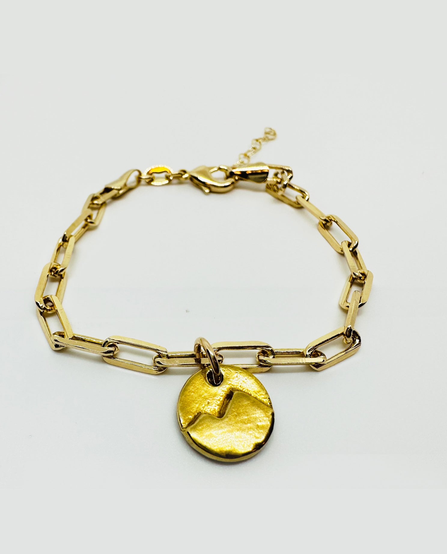 Mountain Link Bracelet. Gold-fill chain with a bronze mountain charm, handmade with a precious metal clay process. 