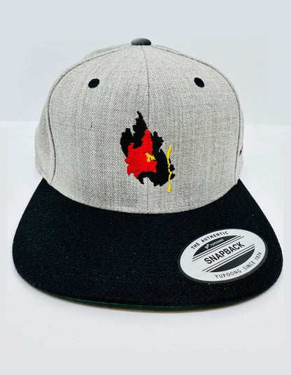 Heather grey, flat bill, snapback cap. With a Still-inspired design embroidered on the front