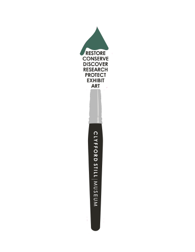 Sticker of a paintbrush graphic with “restore, conserve, discover, research, protect, exhibit, art” typography. 