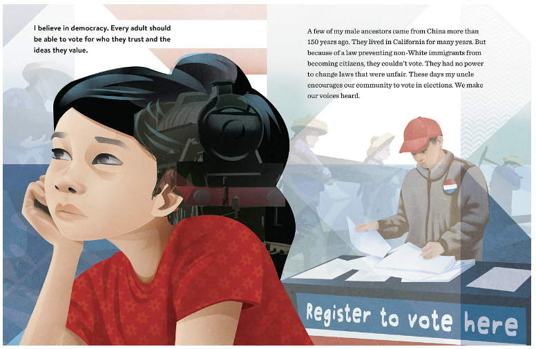 Inside page of ‘I'm an American’ featuring illustrations of a thinking girl and a Register to Vote booth.