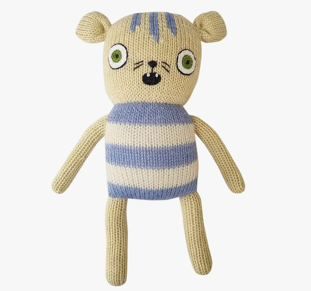 Yellow knitted ‘Tiger Soft Toy’ with periwinkle stripes