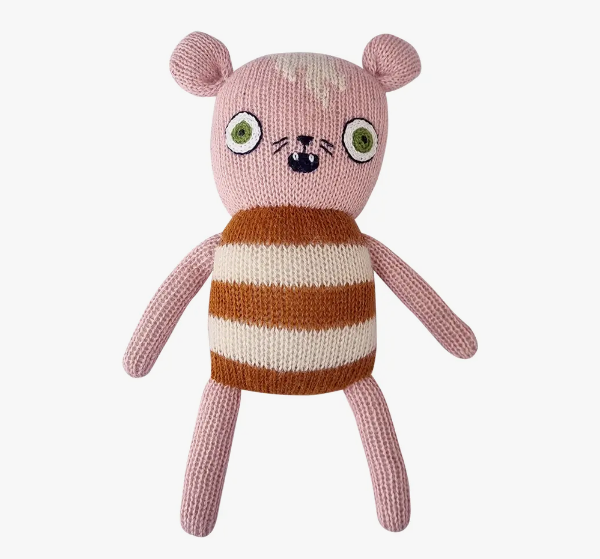 Rose knitted ‘Tiger Soft Toy’ with terracotta stripes.
