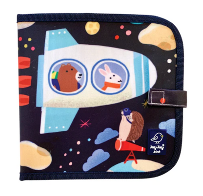 ‘Spaceship Color It & Go Erasable Books’ with soft rounded cover with a bunny and a bear riding a rocketship. 
