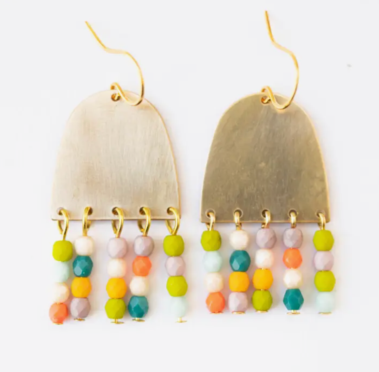 Colorful Fringe Earrings (Soft Pastels) - A delightful pair of earrings made of solid brass with little rows of beaded fringe in a mix of colors.