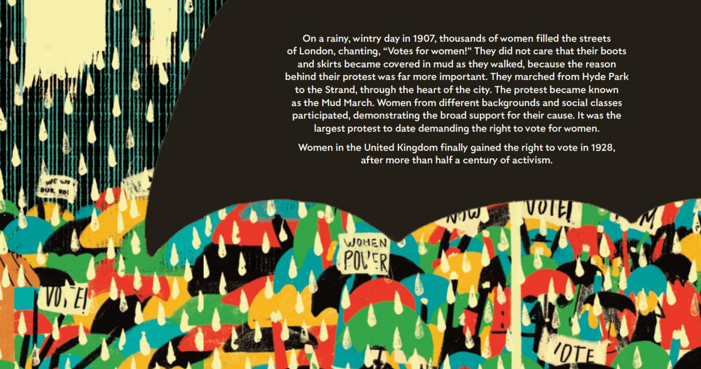 Inside page of”People Power: Peaceful Protests that Changed the World” with illustrations of a rainy protest and many colorful umbrellas