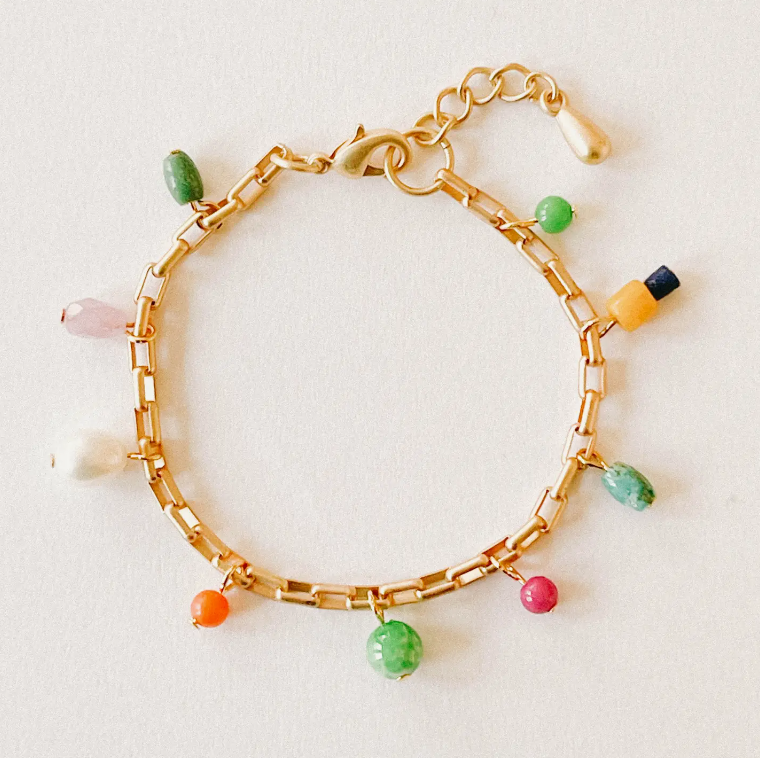 Paperclip Charm Bracelet - An adjustable dainty matte gold paperclip style charm bracelet with a small genuine turquoise gemstone bead, a freshwater pearl, a recycled fair trade brass bead, and vintage, and glass beads.