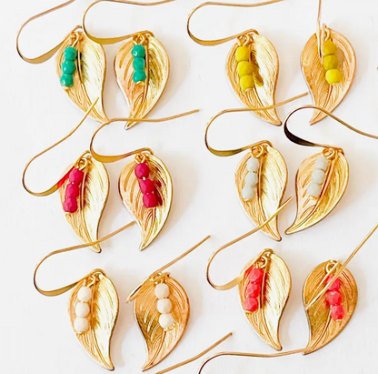 Small Leaf Earrings (five colors) - The small botanical leaves are adorned with colorful beads,  1" long golden brass leaves on longish hand-hammered 24K gold plated ear wires, 3mm glass beads and handmade.