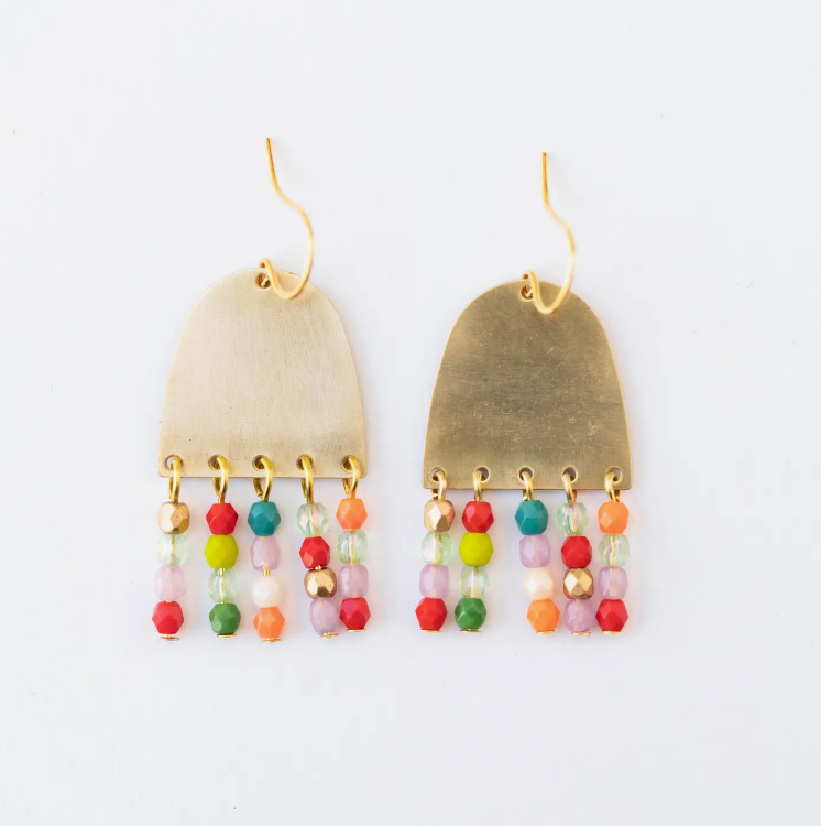 Colorful Fringe Earrings (Mix/Gold Beads) - A delightful pair of earrings made of solid brass with little rows of beaded fringe in a mix of colors.